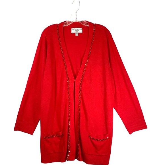 Avenue Holiday Red Cardigan Sweater Size 4X Sequin Trim Pockets 3/4 Sleeve - Picture 1 of 13